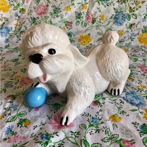 Vintage Poodle Puppy Dog W/blue Ball Ceramic Figurine 60s Kitschy 8x6x4 **